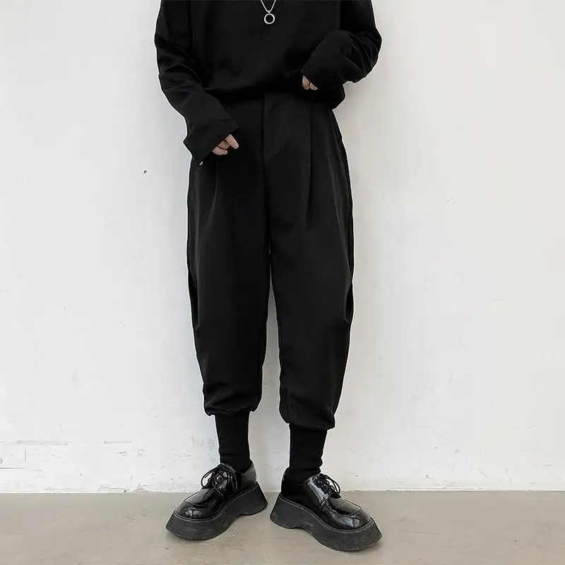 Calça do harém de cintura elástica cônico preta masculina, calça masculina algemada, roupas superdimensionadas de hip hop, moda