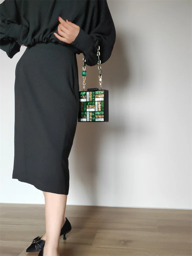 【Wonder Lamar】New Fashion Women Evening Bag Cute Green Gold Acrylic Chain Handbags Luxury Square Party Wedding Bags Casual Vinta