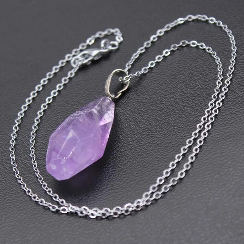 KFT Natural Healing Crystal Quartz Stone Pendant Amethysts Rose Pink Quartz Clear Crystal Faceted Reiki Stone Pendant Necklace