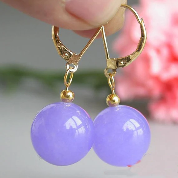 

New Amazing Gemstone Jewelry 14MM Round Lavender Jade Beads Dangle Earrings 14K Gold Hook Charming Lady Gift