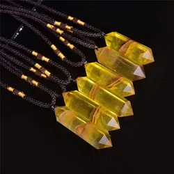 Natural Yellow Fluorite Double Pointed Quartz Gemstone Chakra Mineral Reiki Healing Crystals Necklace Pendant