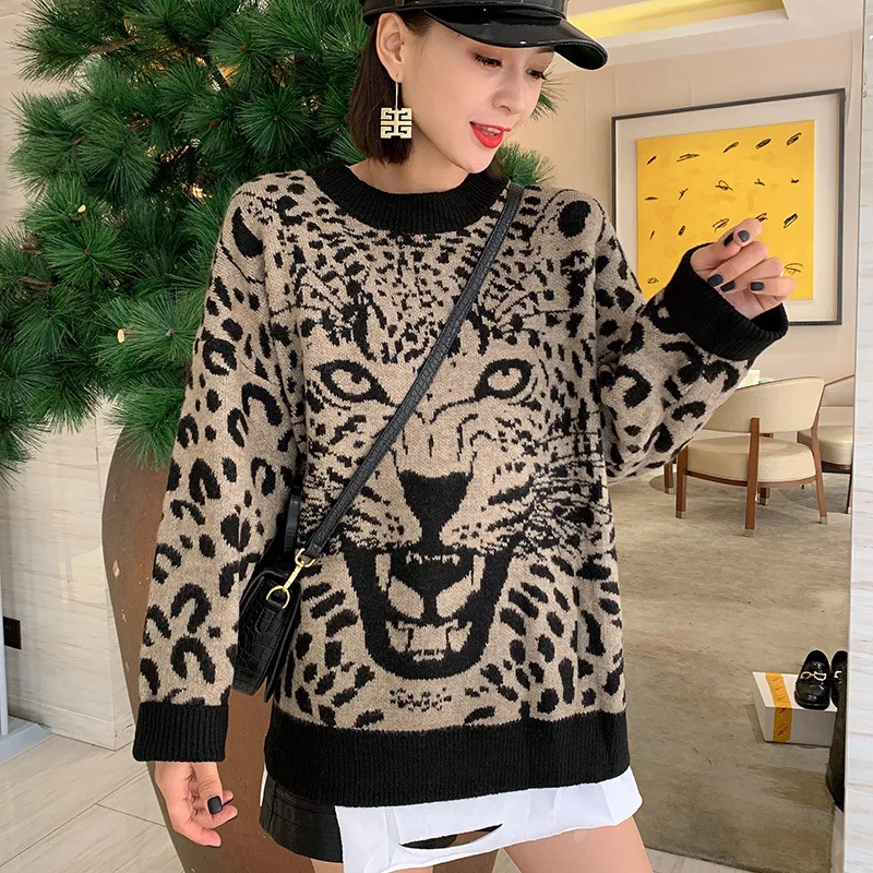 Round Neck Leopard Print Loose Sweater Women Long-sleeved Stretch Knitted Bottoming Sweater Pullover Female Spring Autumn 2023