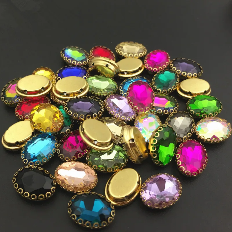 More color 18x25mm Oval glass crystal lace claw rhinestones,golden base sew on stone for Diy/Clothing accessorie