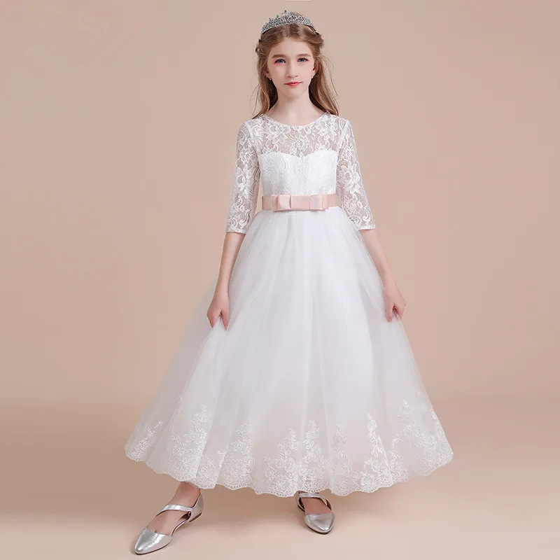 Dideleversing-Robe à fleurs en tulle et dentelle blanche pour fille, tenue de soirée formelle à manches mi-longues, avec nœud dans le dos, pour fête d'anniversaire, pour enfants