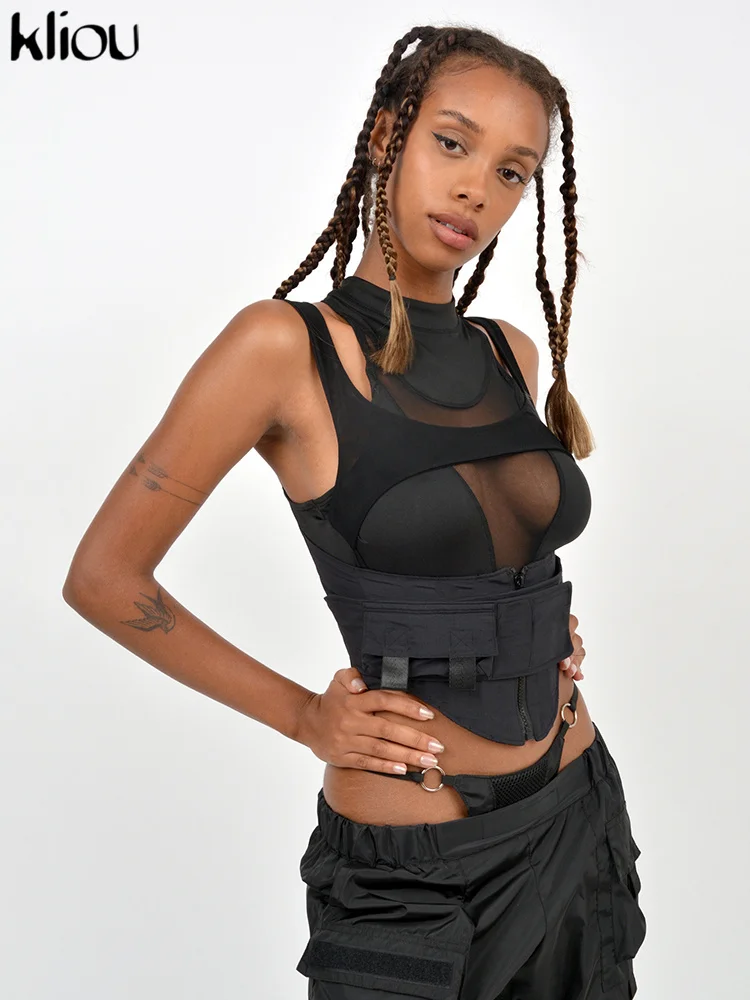 Kliou Biker Shorts Top Women Hipster Y2K Irregular Shape Stitching Mesh High Street Style Clothing Sexy Cleavage Sheath Wear