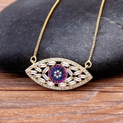 Nidin Vintage Gold Plated Evil Eye Pendant Women Crystal Cubic Zirconia Turkish Lucky Blue Eye CZ Necklace Statement Jewelry
