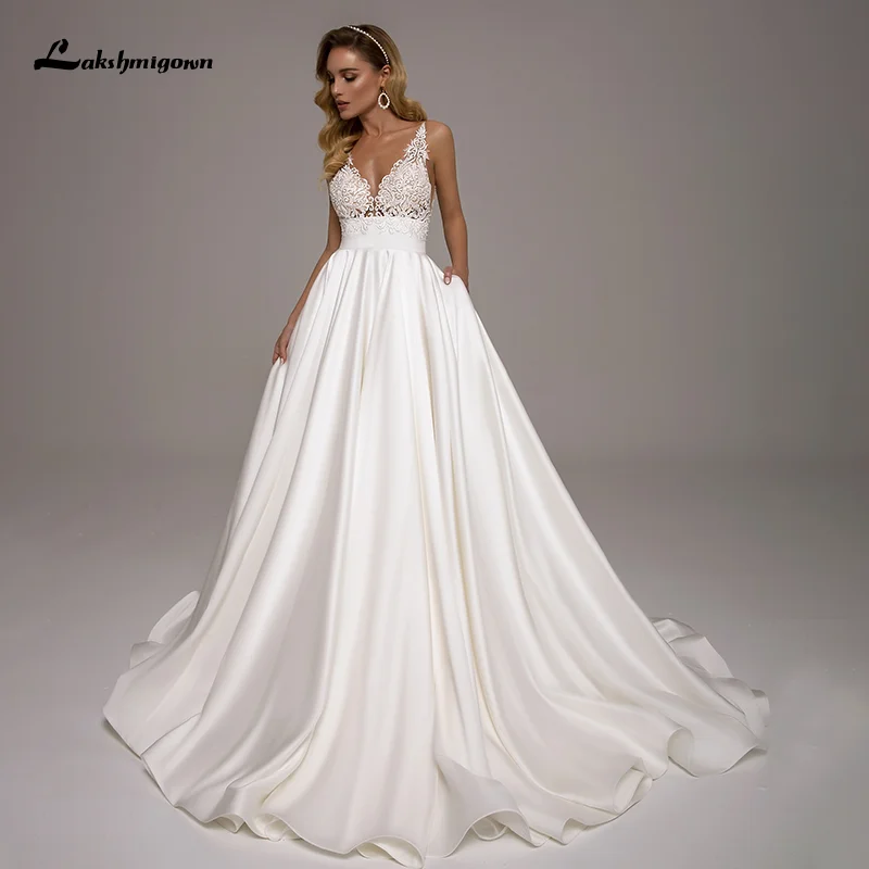 

Lakshmigown Chic Boho Wedding Dresses 2021 Sleeveless Open Back robe mariee Appliques A Line Satin Bridal Gown vestido de novia