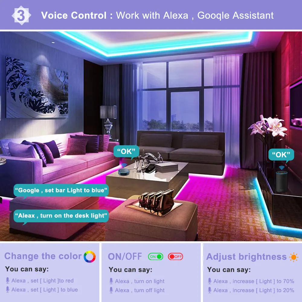 20M 50ft Tuya Wifi LED Strip 12V 5m Work with Alexa Google Assistant Bluetooth Control RGB 5050 Tape Ribbon Neon Light for Room