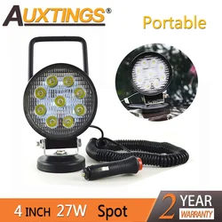 Auxtings 4in 4'' Portable 27W Round Spotlight Magnetic Base Led Work Light Car Truck Driving Offroad 4WD 4x4 SUV ATV 12V 24V