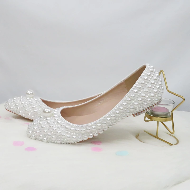 BaoYaFang New Arrive White Pearl Wedding Flat Shoes With Matching Bag Bride Pointed Toe Party Dress Shoes Woman Big Size Flat