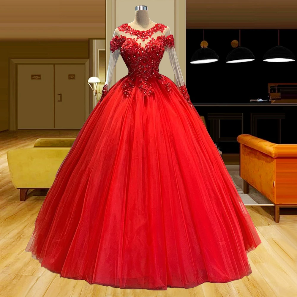 Rhinestones ลูกปัดชุดสีแดง Quinceanera ชุด Illusion แขนยาว Vestidos De Quinceañera Vestidos De 15ปีที่ผ่านมา