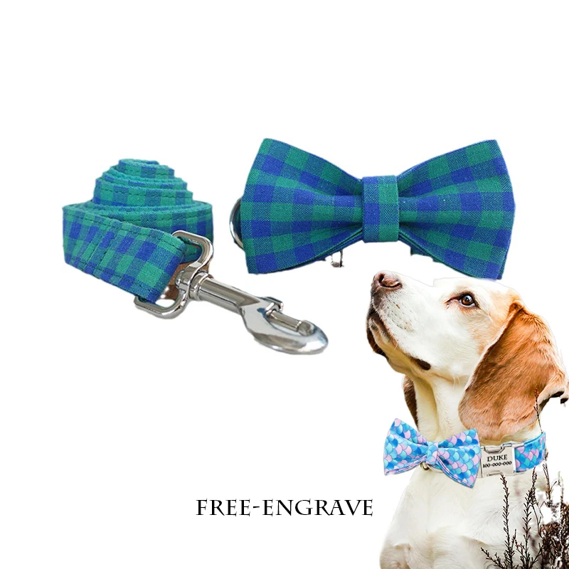 Blue Grid Dogs Colorful Fresh and beautiful Easy To Clean Pet Fabric Collar Traction Rope Bow custom name engrave Many Kinds