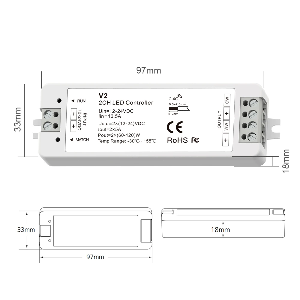 RF 2,4G Dual Farbe CCT LED Controller Für Dynamische Weiß LED Streifen Lichter 12V ~ 24V 5A/kanal High Power Helligkeit Dimmer