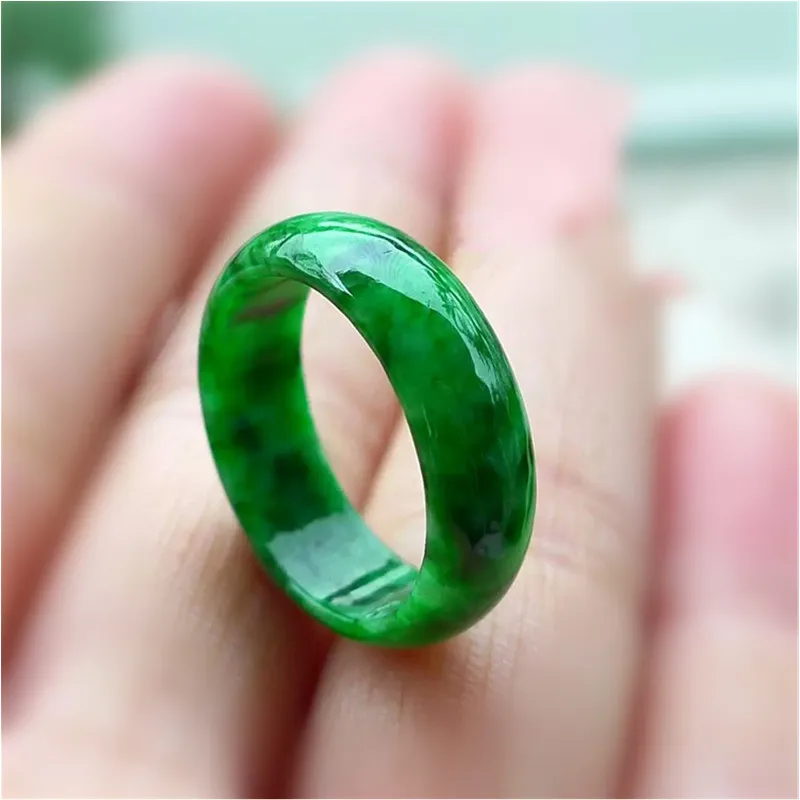 

Natural Green Original Ecological Pattern Emerald Jadeite Jade Ring Unisex Jewelry Lucky Stone Accessories