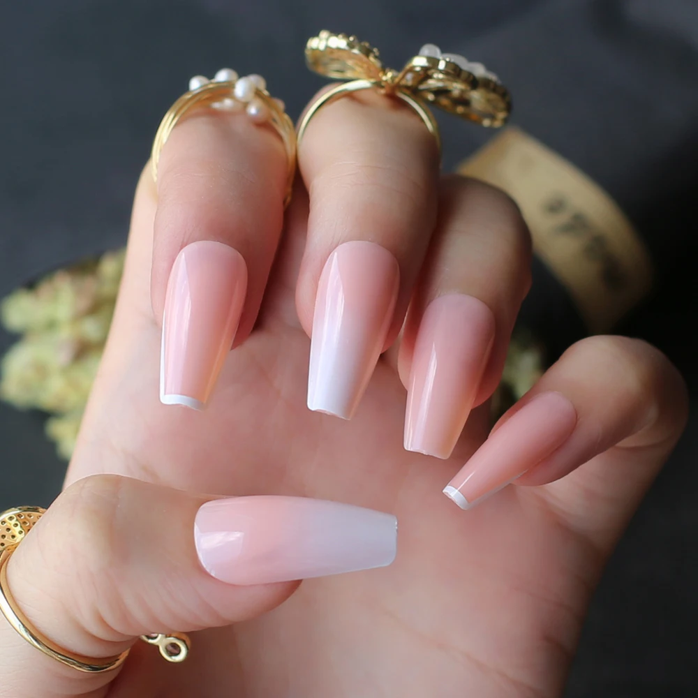 White tipped ombre coffin nails out line UV french glossy fake nails sophisticated nude with little bit of tipping edge mix