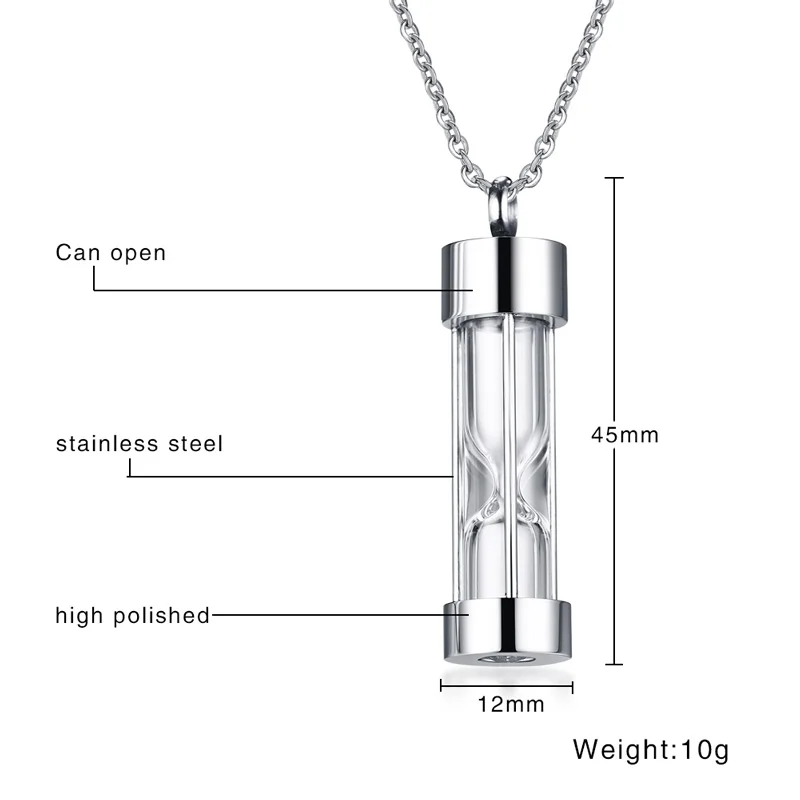 Hourglass Ash Pendant Hold Memory Ashes Stainless Steel Cylinder Keepsake Necklace for Men Women Unisex Gifts