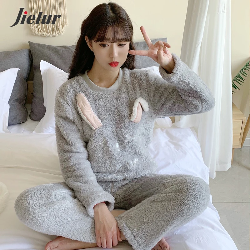 Jielur Winter Thick Warm Hooded Women Pajama Sets Cartoon Long Sleeve Shirt+Pants Home suit Print Femme Pijama Feminino M-XXL