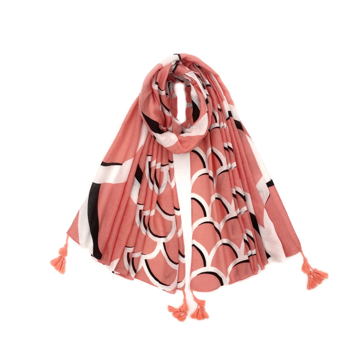 

2021 New Long Spring Autumn Viscose Cotton Ladies Scarf Simple Pink Fish Scale Print Tassle Shawls