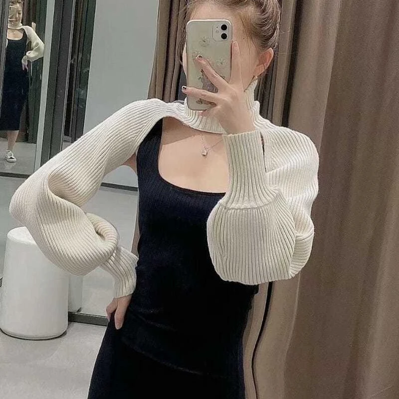 Women Turtleneck Shrugs Solid Knitted Slim Designer Fashion Lantern Sleeve Crop Top Teenagers Autumn Outwear Soft Hot Girls Chic