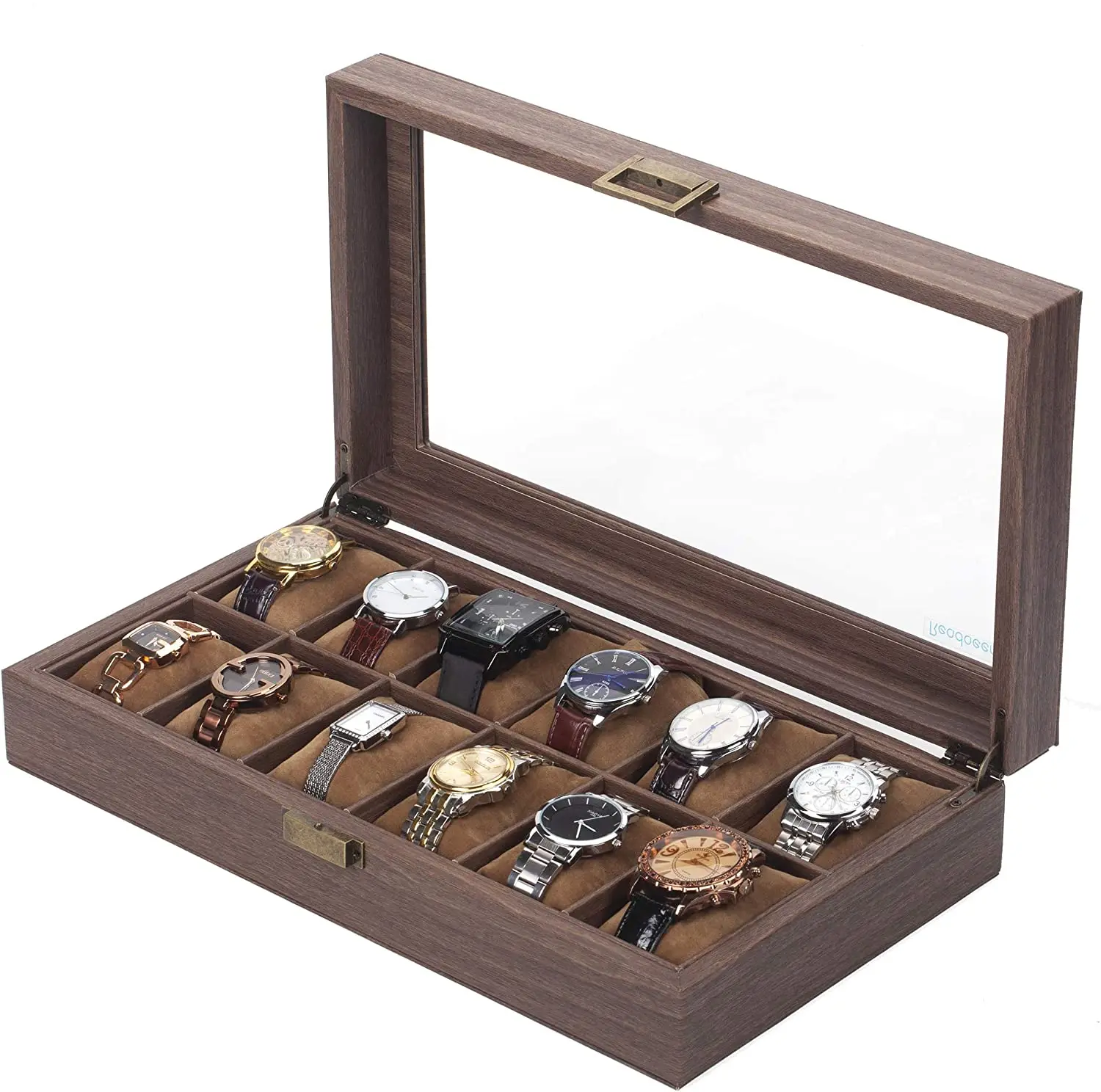 Coffee 12 Slot PU Leather Watch Box Organizer Watch Case with Glass Top