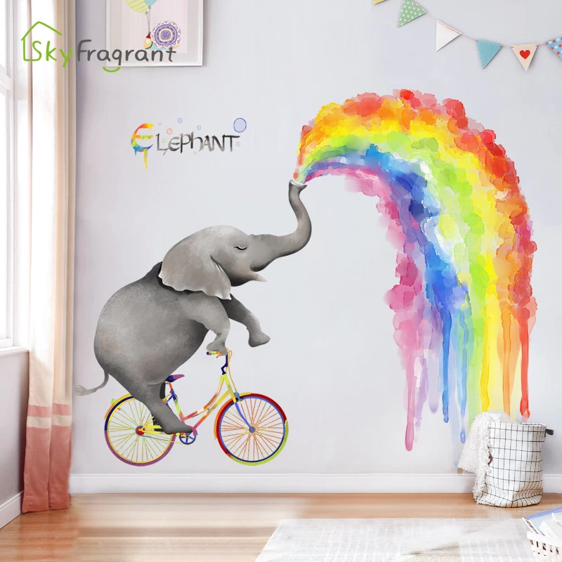 

Large Rainbow Elephant Wall Stickers Kids Room Decoration Self-adhesive Sticker Bedroom Decor Living Room Wall Decor Home Decor