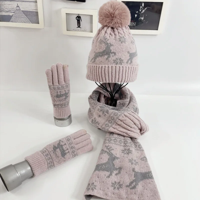 Christmas Winter Knitted Wool Plus Velvet Hat Scarf Hat Gloves One Deer Student Thickening Warm Suit