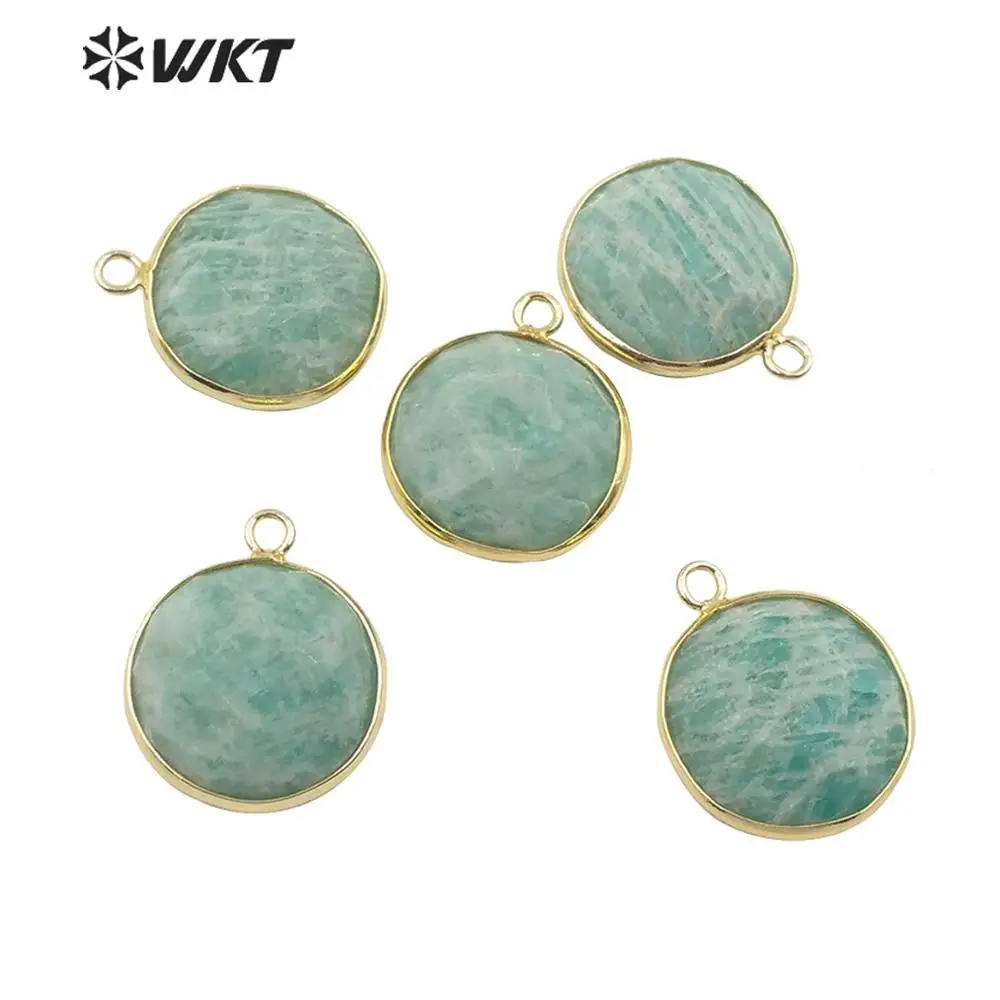 

WT-P1525 new!! Natural stone pendant amazonite stone pendant round shape with gold trim pendant fashion lady pendant