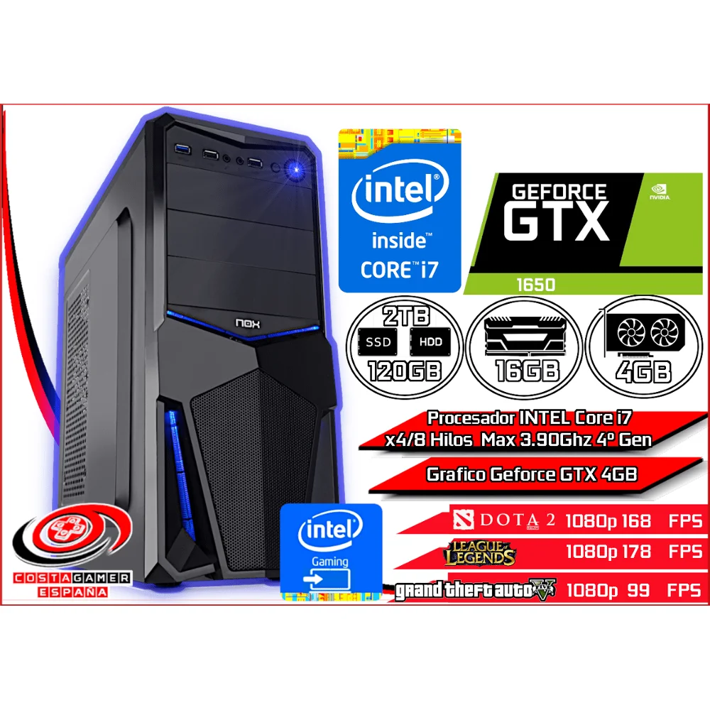 Intel Core i7 x8 3.90Ghz 16GB Ram 120GB SSD + 2TB HDD + graphics card Gaming + WIFI + WIN