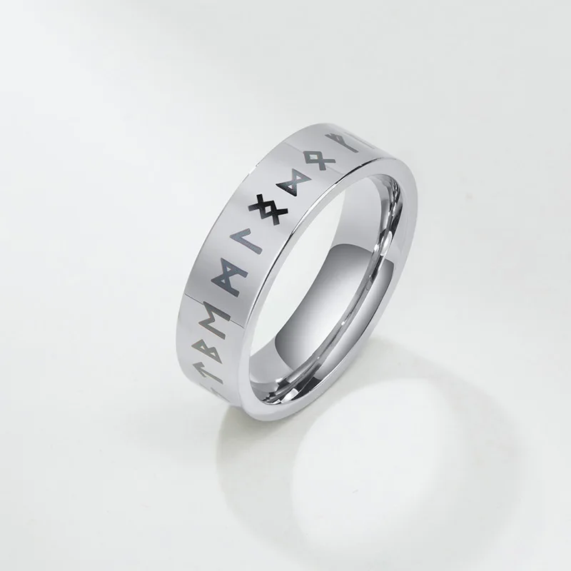 Engraved Norse Pagan Viking Rune Women Ring Stainless Steel Silver Color Norse Ring 6mm