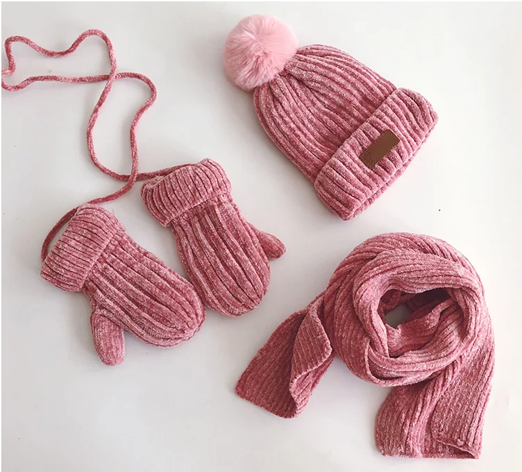 3PCS Fashion Cotton Baby knit Hat Scarf Gloves Autumn Winter Children Scarf-collar Boys Girls Warm Beanies Caps Scarf Sets