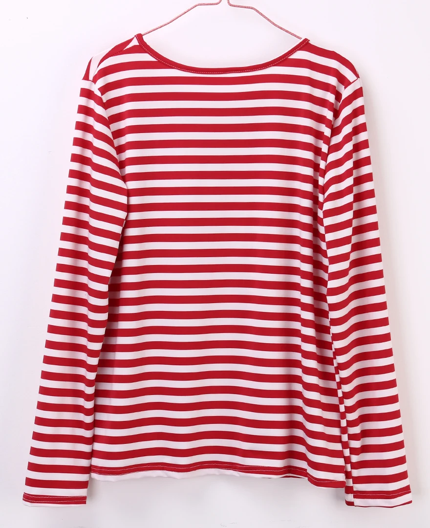 New Casual Women Red White Striped Long Sleeve T Shirt Cotton Loose Shirt Female Basic O-Neck Tops Tee Autumn Pullovers