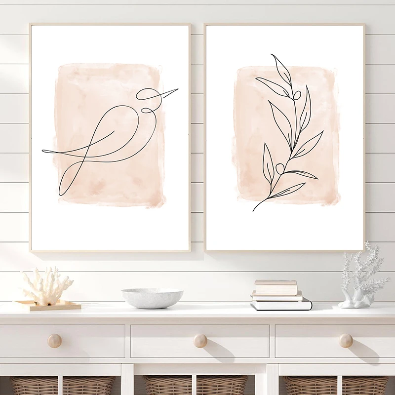 Blush Pink Wall Art Pictures Canvas Painting Bird Olive Branch Minimalist One Line Drawing Print Nordic Poster Living Room Decor