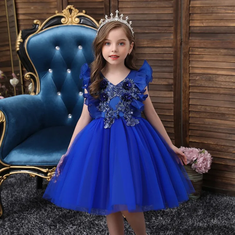 

European and American High-grade Princess Dress Birthday Party Pure Pompon Skirt, Baby Baptist Dress Tulle Flowers Dress