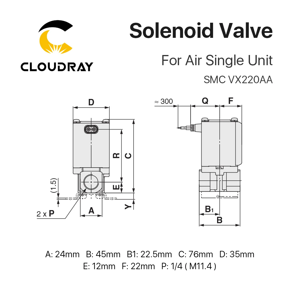 Válvula Solenoide Cloudray SMC VX220AA 24V 220V 1/4 "BSP válvula solenoide directa de 2 postes para máquina cortadora láser de unidad única de aire