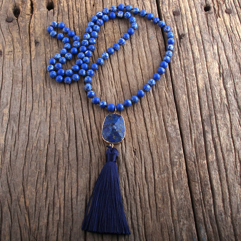 RH Fashion Bohemian Jewelry Natural Stones Knotted  Stone Links Tassel Necklaces Women Necklace Gift Drop Shipping