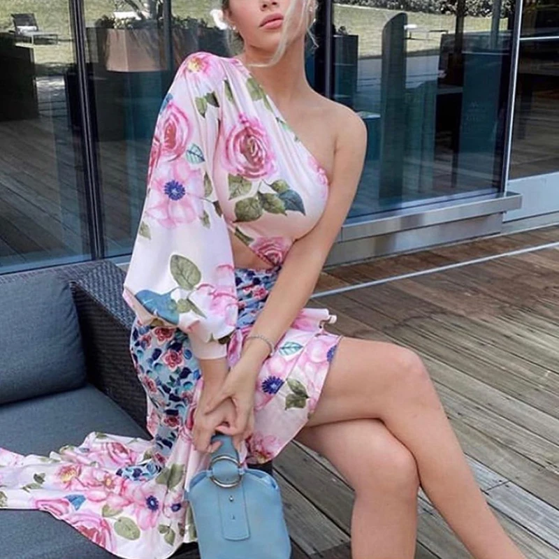 

Lady Floral Print Ruffle Mermaid Skirt Suit Women Summer Short Tops Slim Skirt Outfits Casual Elastic Waist Skirt Two Piece Set