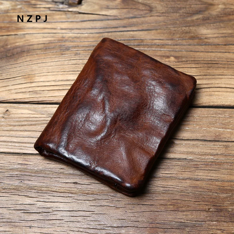 NZPJ Herren-Geldbörse aus Rindsleder, Retro-Geldbörse, Leder, kurze Damen-Geldbörse, pflanzlich gegerbtes Leder, vertikale Geldbörse, Jugend-Reißverschluss, Ausweishülle – Detail 4