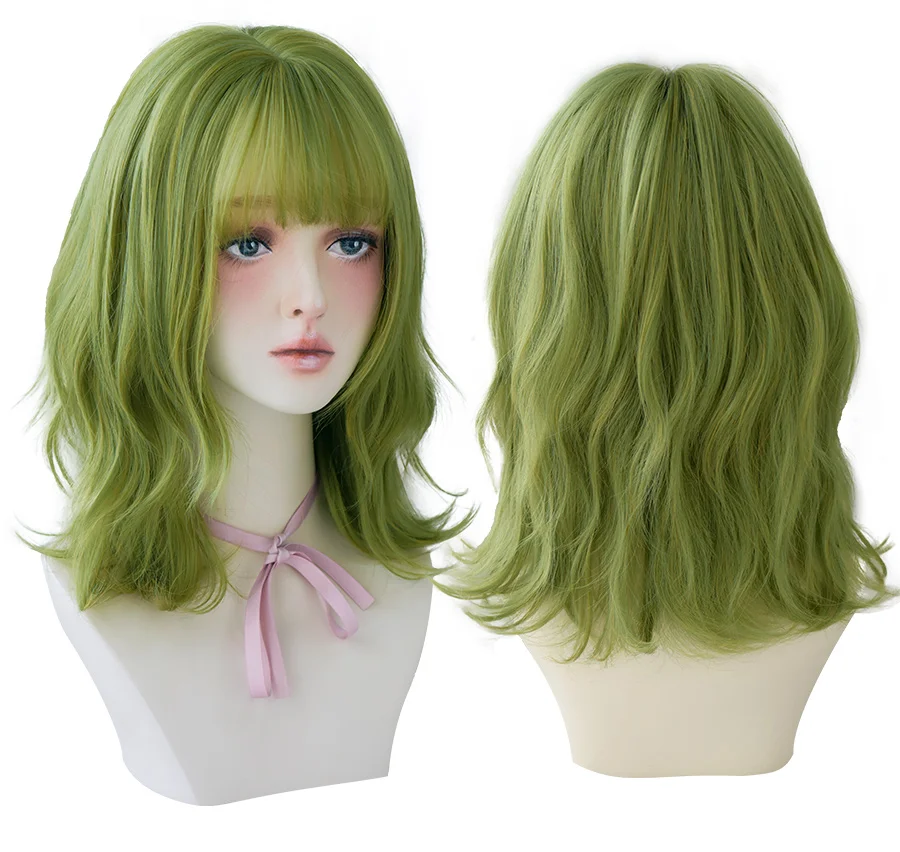 7JHH Peluca de onda profunda verde oliva con flequillo para mujer, peluca sintética resistente al calor, longitud media, fiesta de Cosplay delicada