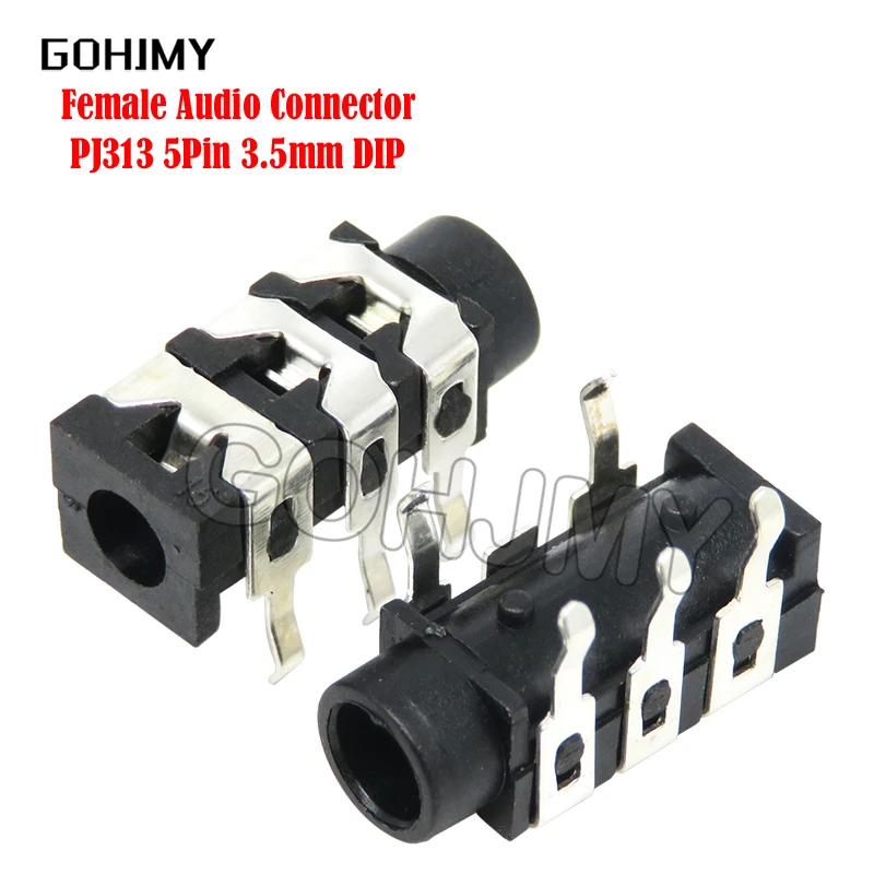 10PCS PJ-313 PJ313 5Pin 3.5mm DIP Female Audio Connector Stereo Black Headphone Jack