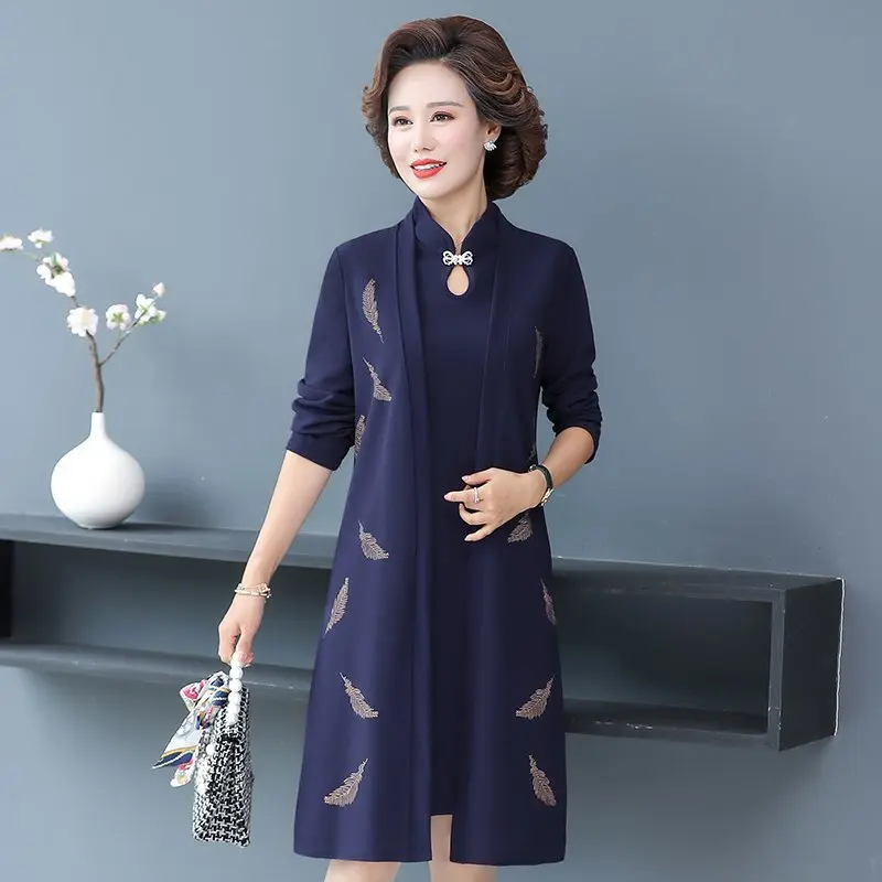 Oriental Style Women Two Pieces Dresses leaves Knee Length Cardiagn and Sleevless Elegant Dress Woman Spring /autumn