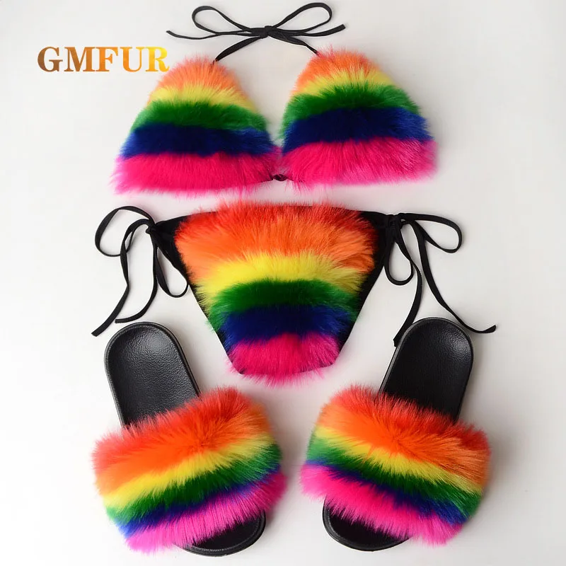 

Women Real Fox Fur Slippers Sexy Bikini Bra Sets Fashion Travel Slides Fluffy Sandals Beach Swimsuit Underwear Detachable Shoes