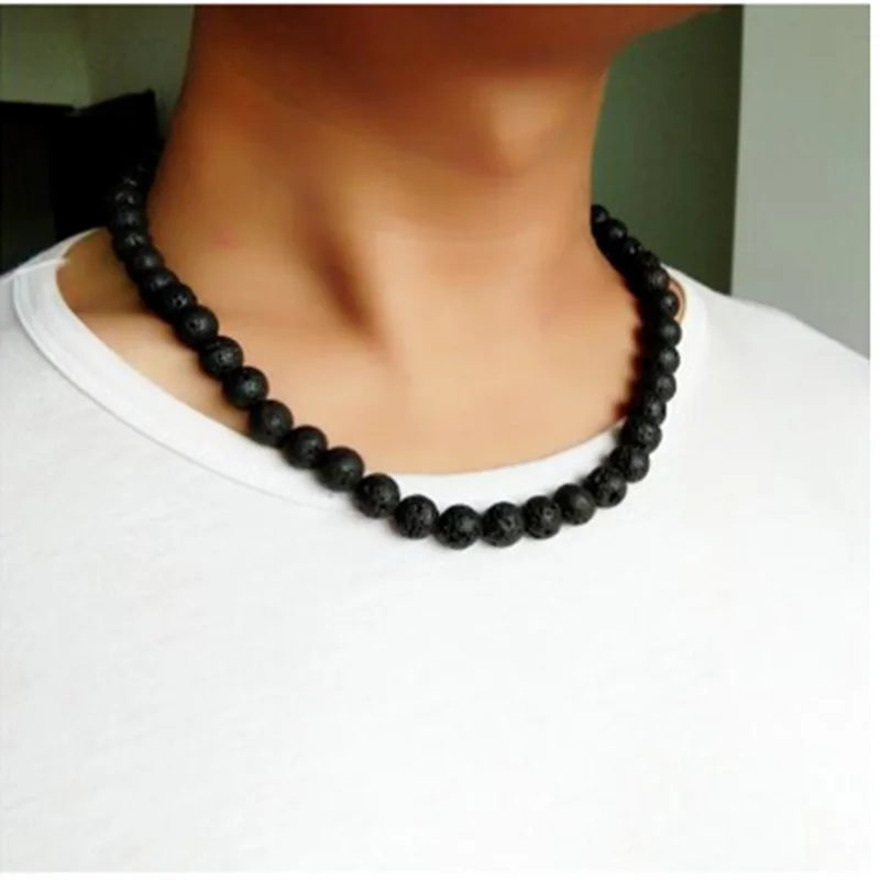 Modny męski naszyjnik 6/8mm czarny kamień lawowy żółty tygrysie oko Choker Rock naszyjnik z koralików mężczyzn biżuteria Handmade kołnierz Dropshipping