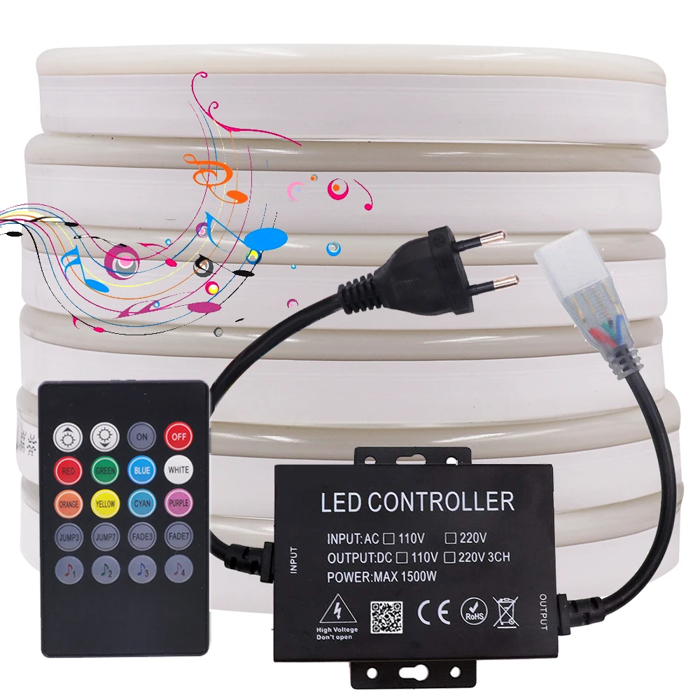 

220V 110V Neon Strip RGB LED Light Waterproof Music Bluetooth APP Remote Control 1500W 750W 5050 Home Decoration Rope Light