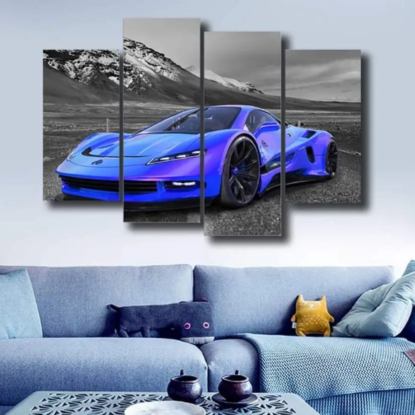 

No Framed 4 Pieces Blue Luxury Sports Car Wall Art Canvas Posters Pictures Paintings Home Decor for Living Room Decorations