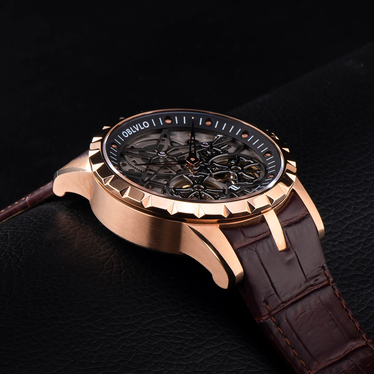 OBLVLO Luxury Mens Automatic Watches Rose Gold Skeleton Watch Brown Leather Strap Wterproof Watch Relogio Masculino RM-T