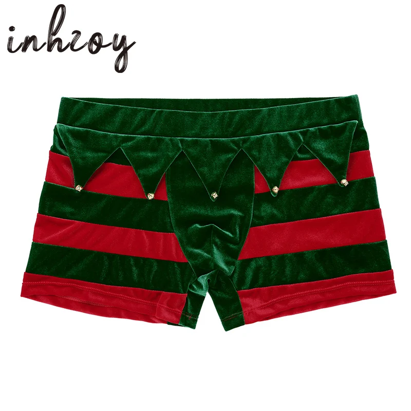 

Men Christmas Underwear Striped Velvet Penis Pouch Boxer Shorts Elf Cosplay Party Festival Rave Fancy Costume Xmas Underpants