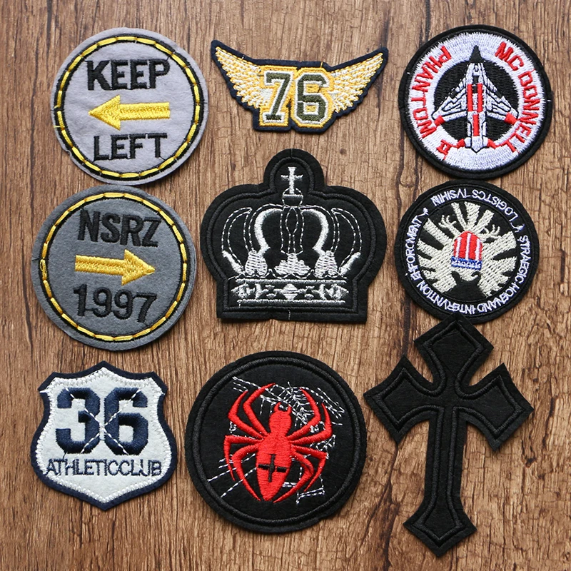 Round Aircraft Cross Crown Spider Numbers 36 76 Icon Embroidered Applique Patches for Clothing DIY Sew up Badge on the Backpack