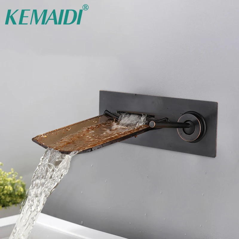 

KEMAIDI Black Bathroom Faucet Water Tap Hot Cold Water Mixer 1 Handle Wall Mounted Solid Brass Waterfall Bathtub Basin Tap