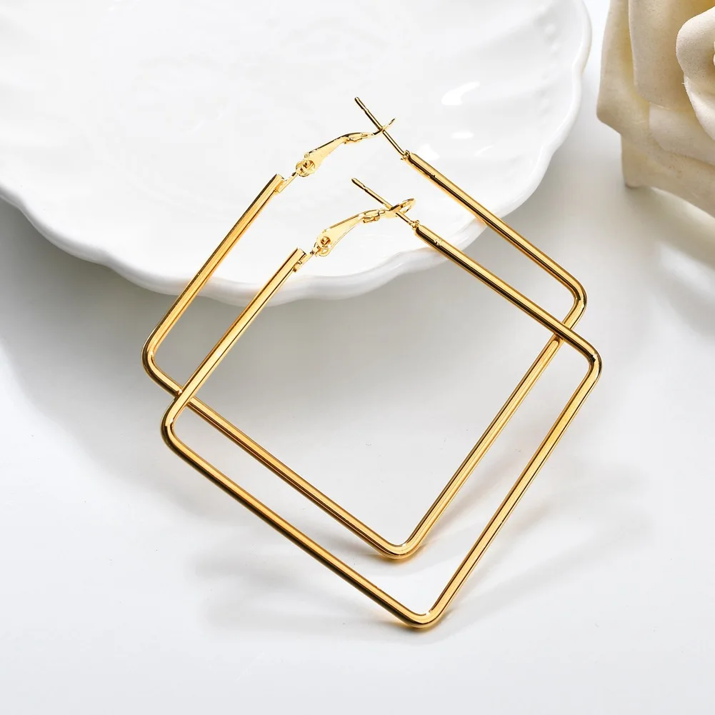 Women 5cm Female Metal Hoop Earrings Classic Hypoallergenic S925 Silver Needle Geometric Square Ear Hoops Rhinestone Earrings