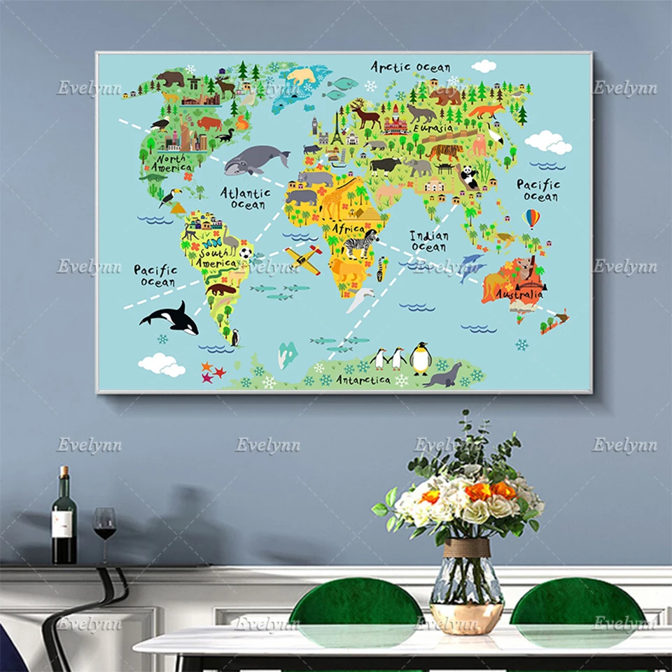 Map For Kid  Wall Art Canvas Colorful World Map Prints Poster Push Map Colorful World Map Kid Bedroom Living Room Floating Frame